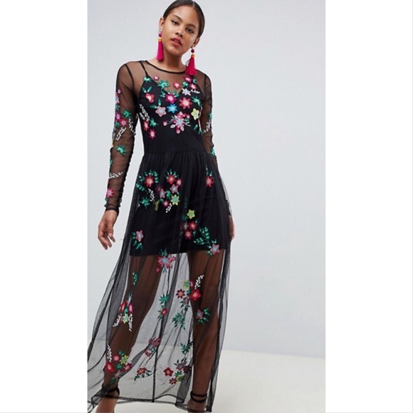ASOS Dresses & Skirts - ASOS black mesh sheer floral embroidered maxi